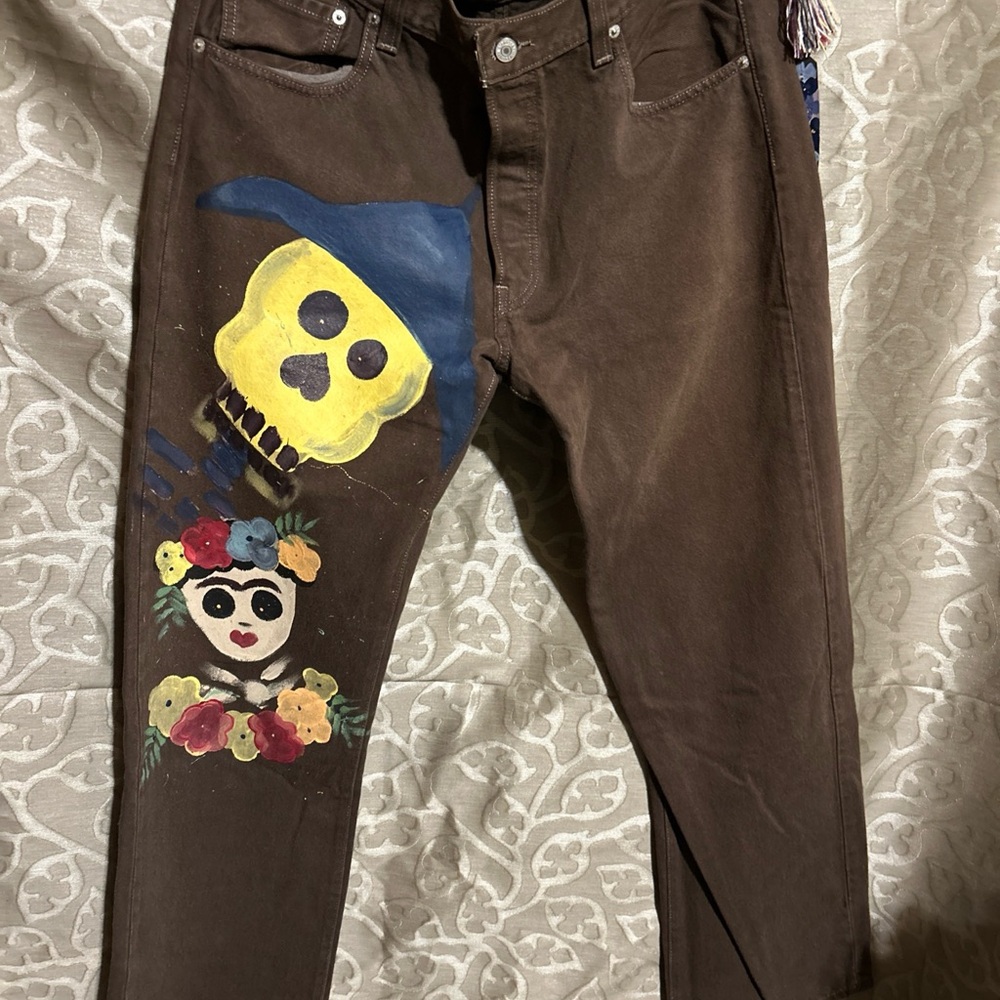 Brown Jeans with Skull and Floral Design